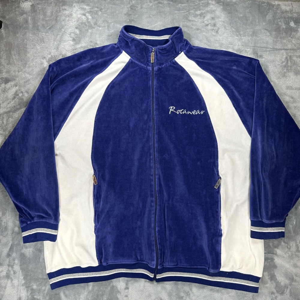 Rocawear Mens 4X Blue White Velour Track Jacket Big & Tall Full Zip Striped